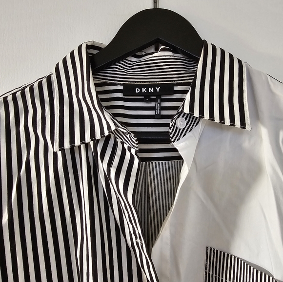 DKNY | Black & White Stripe Color-Block Button-Up - Picture 4 of 8